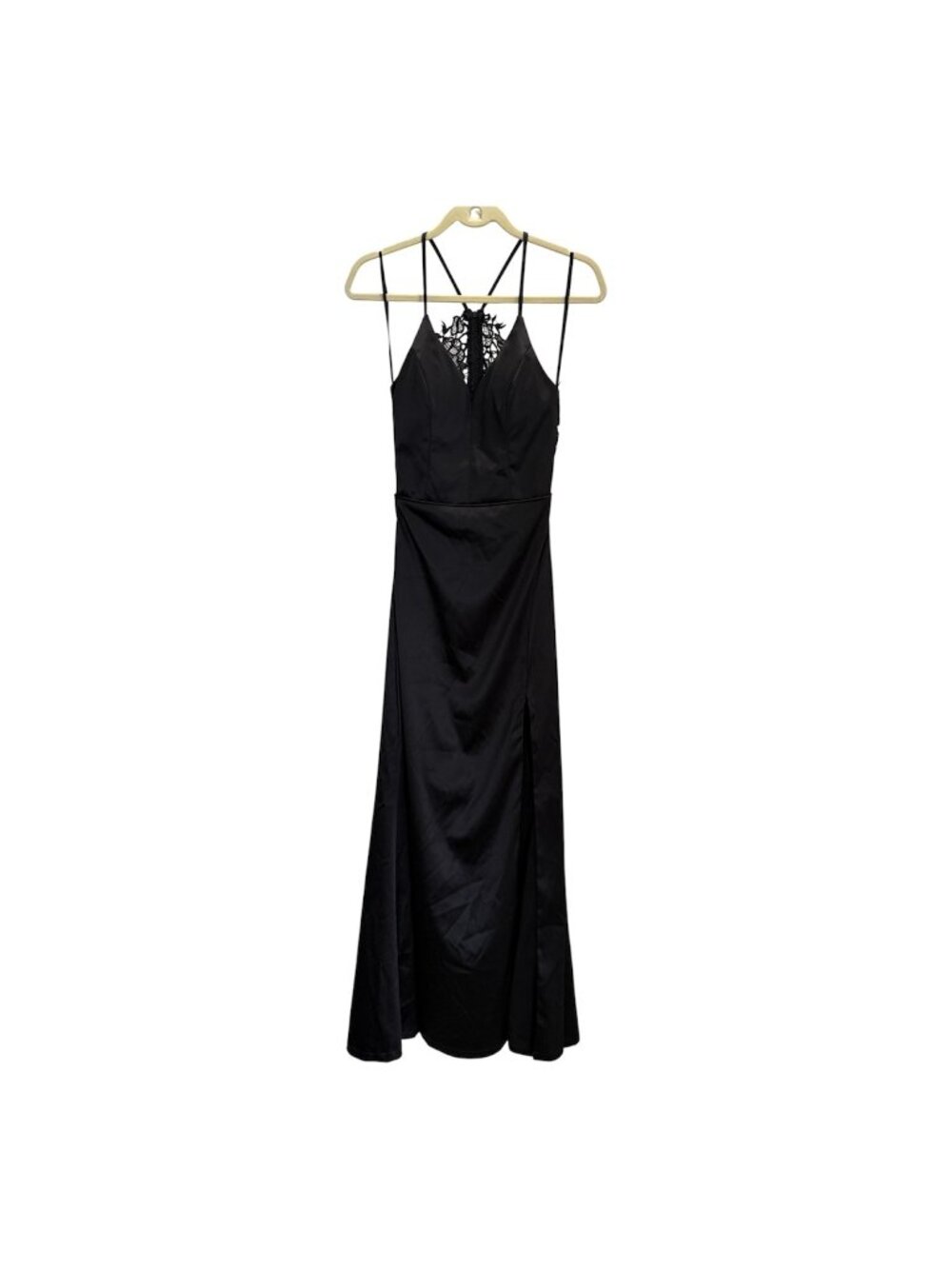 Sequin Hearts Size 11 black lace satin dress Long Slit Maxi Spaghetti Straps V